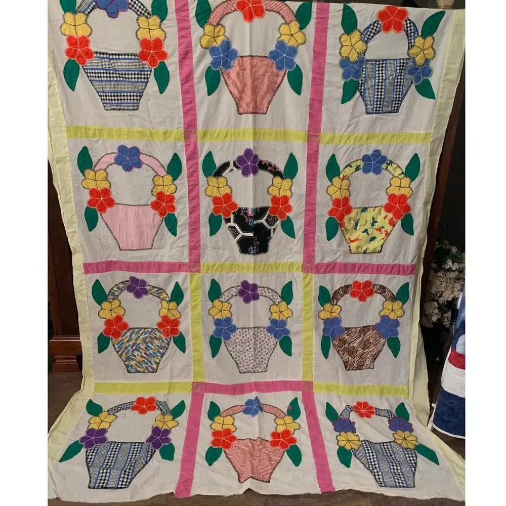 Vtg. 30's-60's Quilt Top Handsewn Applique Flower Basket Pattern 83